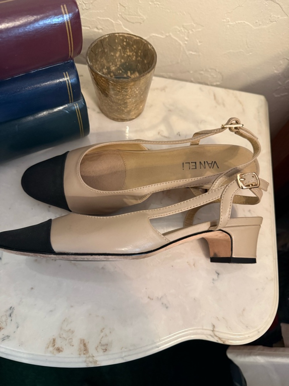 Vaneli Beige Slingback Pumps with Black Cap Toe - Picture 2 of 4